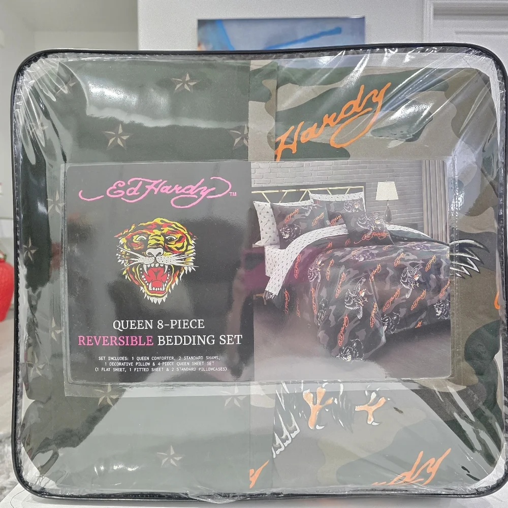 Ed Hardy Queen 8 Piece Camo Eagle Comforter Bedding Set